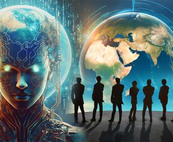 Illustration of AI dominance over a globe, questioning its threat to human survival and global control, AI, Scoop Tree, AI Image, AI vs Human, Earth, Globe, Computer, Blue Background, Animation Image,