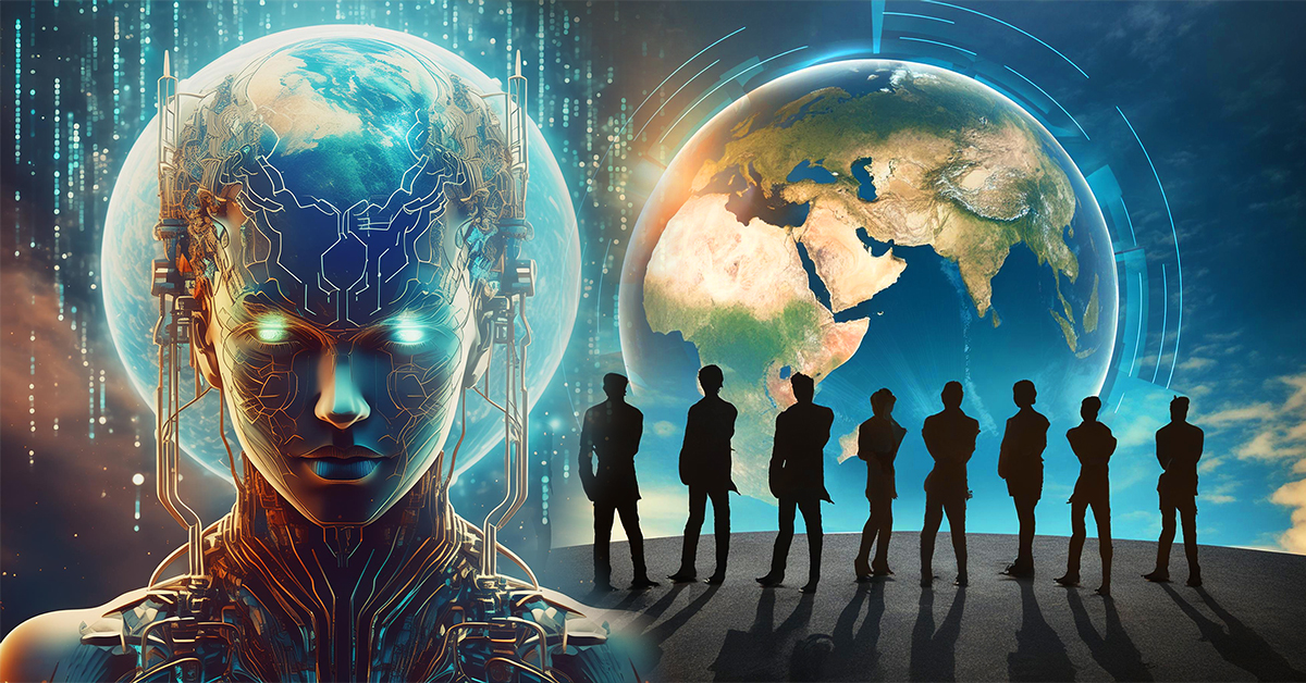 Illustration of AI dominance over a globe, questioning its threat to human survival and global control, AI, Scoop Tree, AI Image, AI vs Human, Earth, Globe, Computer, Blue Background, Animation Image,